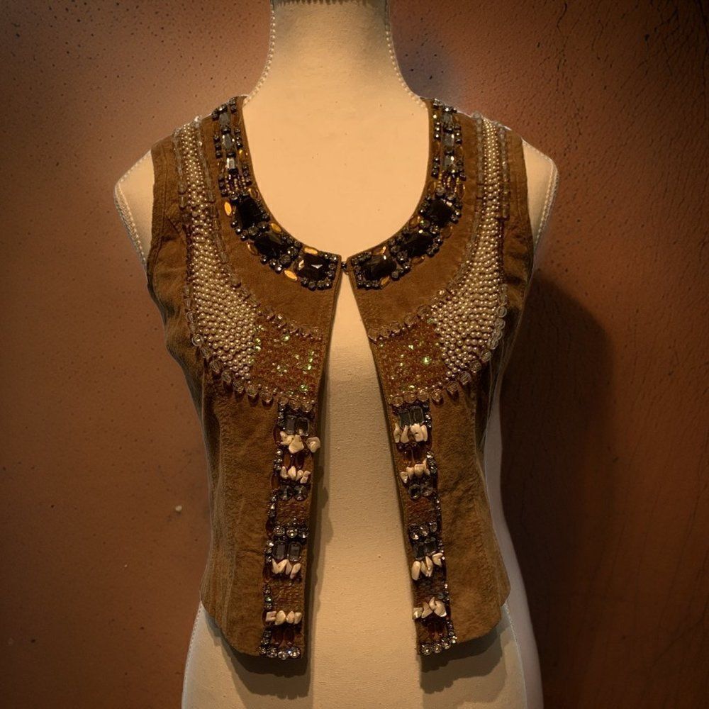 Vest, real suede, beads, sequins, shells, lined, EUC, European sz 40, Amer sz 8